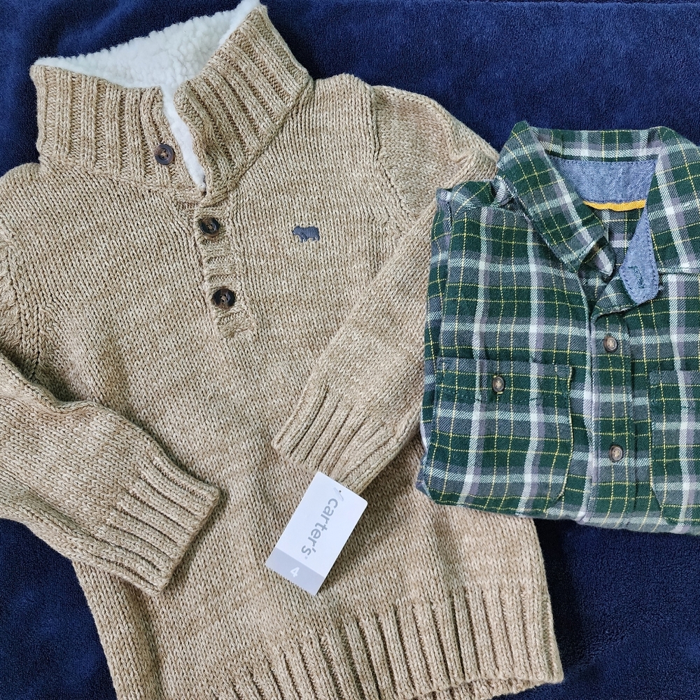 Carter's toddler boys size 4 oatmeal sweater and green/multi flannel set.